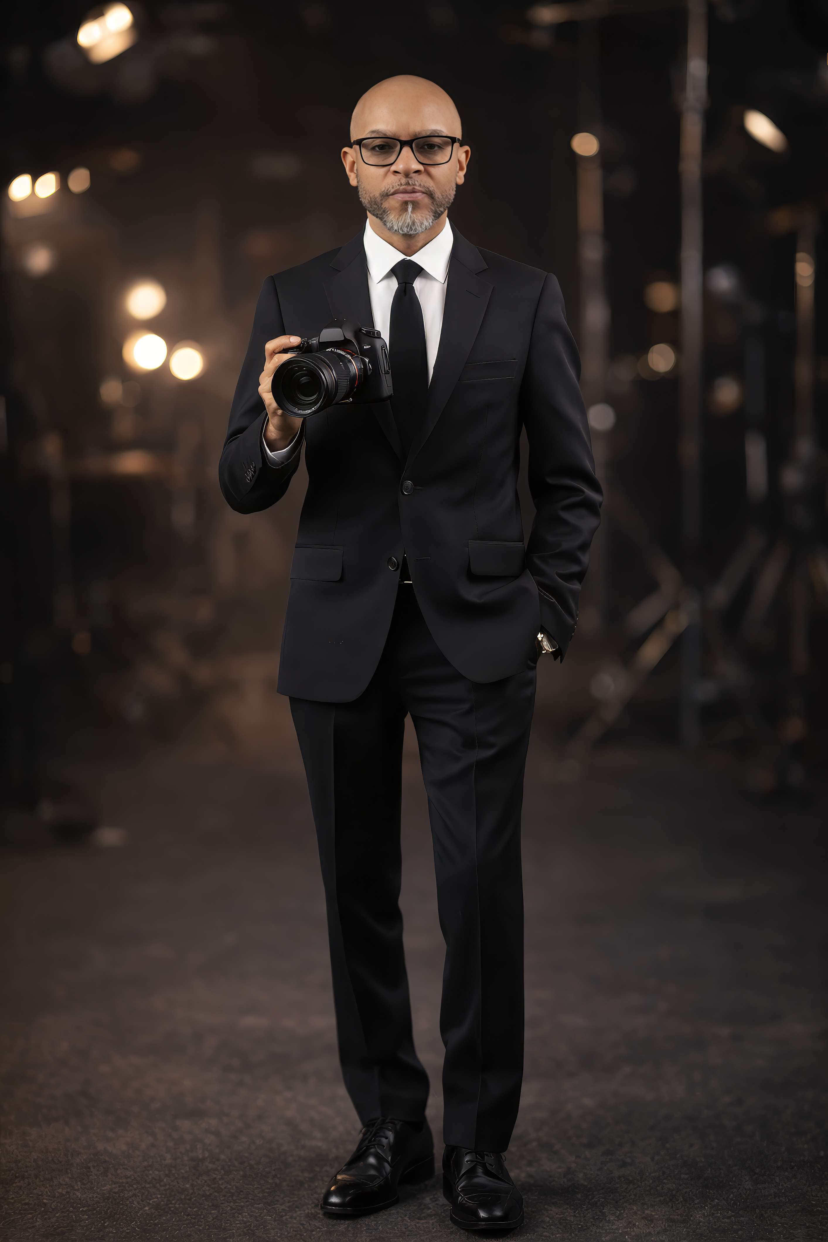 JD Photolens vestido elegantemente sosteniendo una cámara